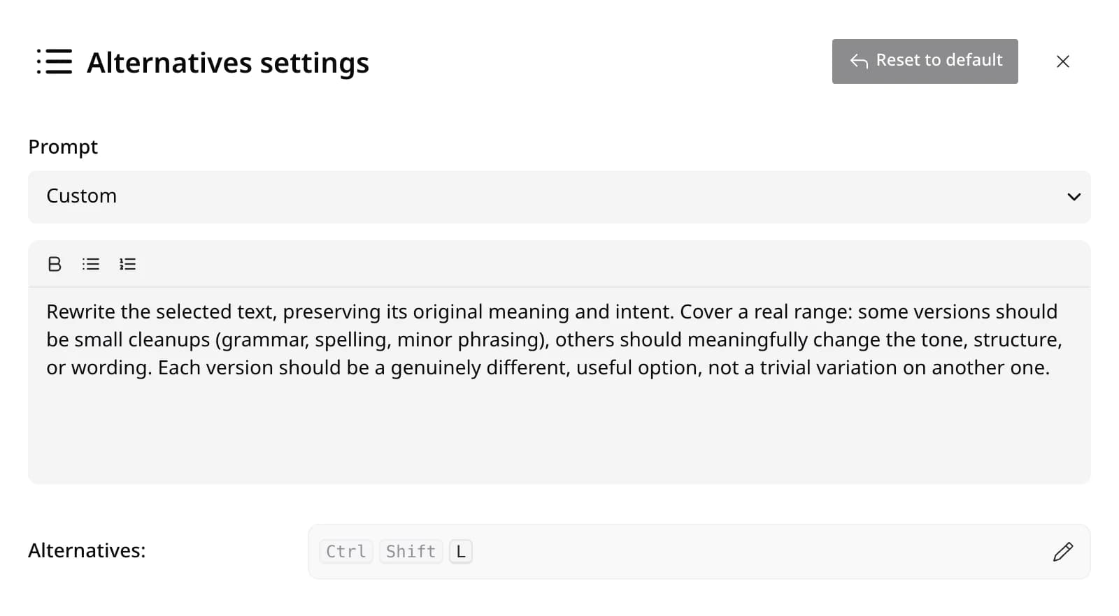 The Alternatives settings in Edyt, with the prompt, its instruction, and the shortcut.