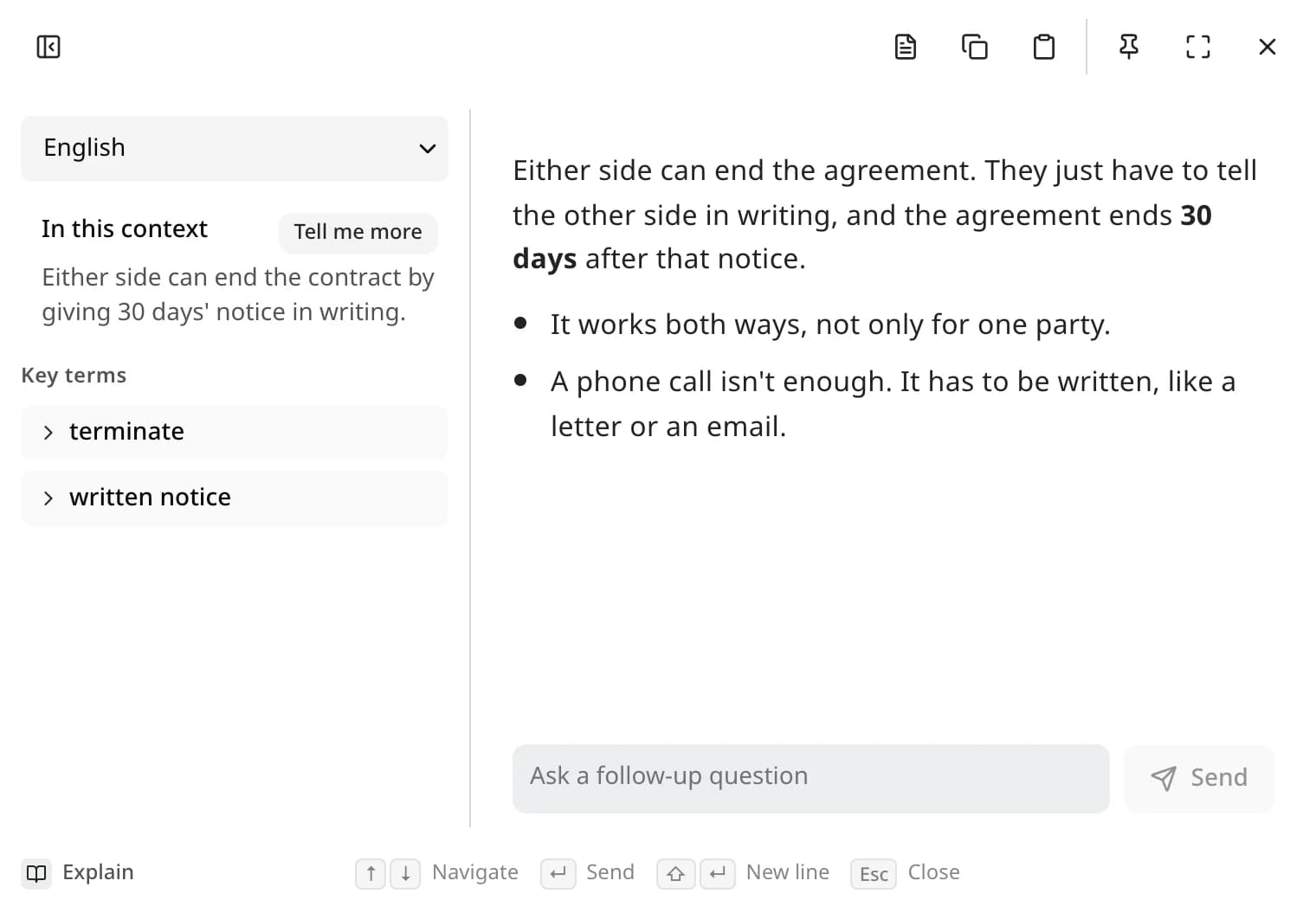 The Explain panel in Edyt, with the answer language, meaning in context, and key terms in a sidebar.