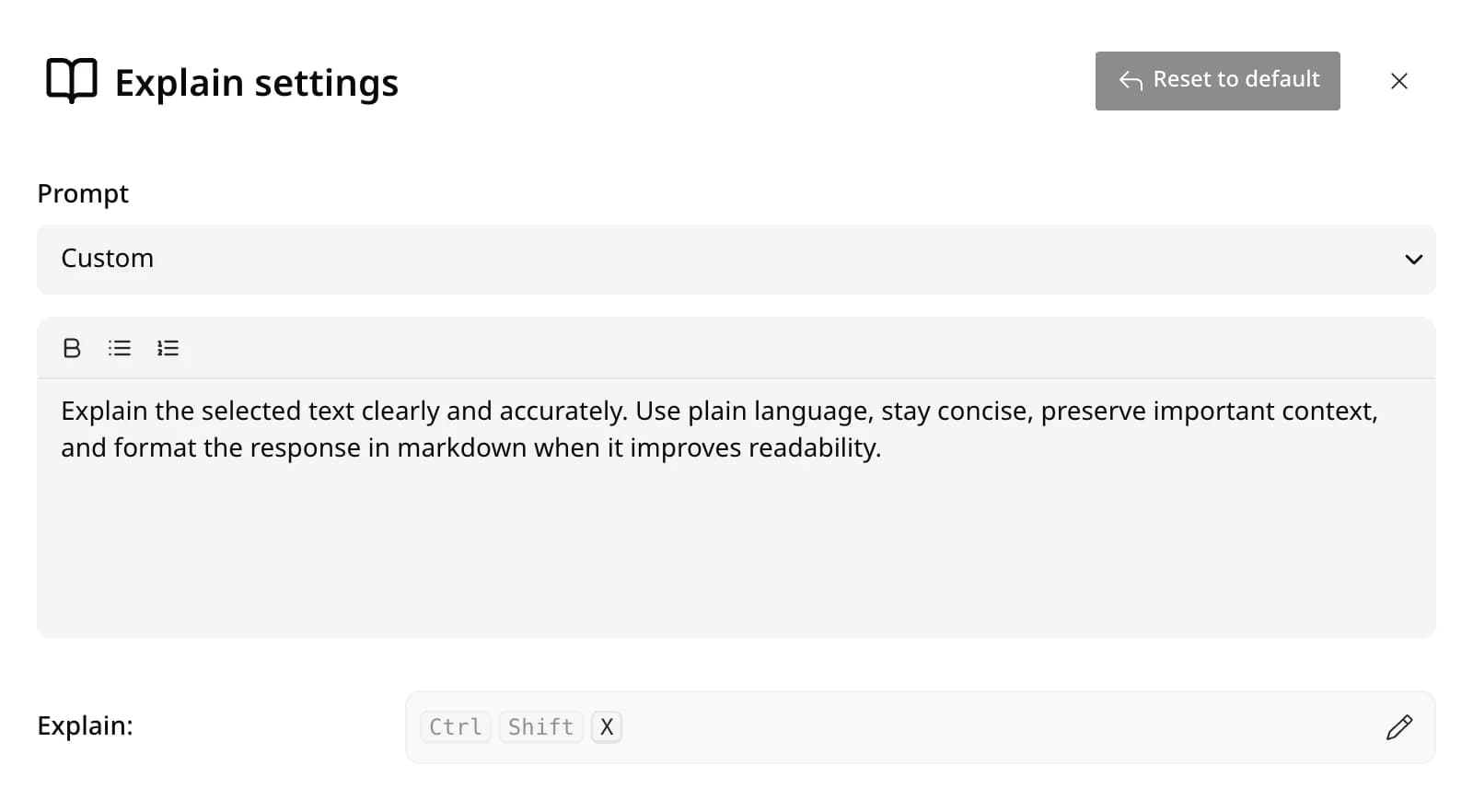 The Explain settings in Edyt, with the prompt, its instruction, and the shortcut.