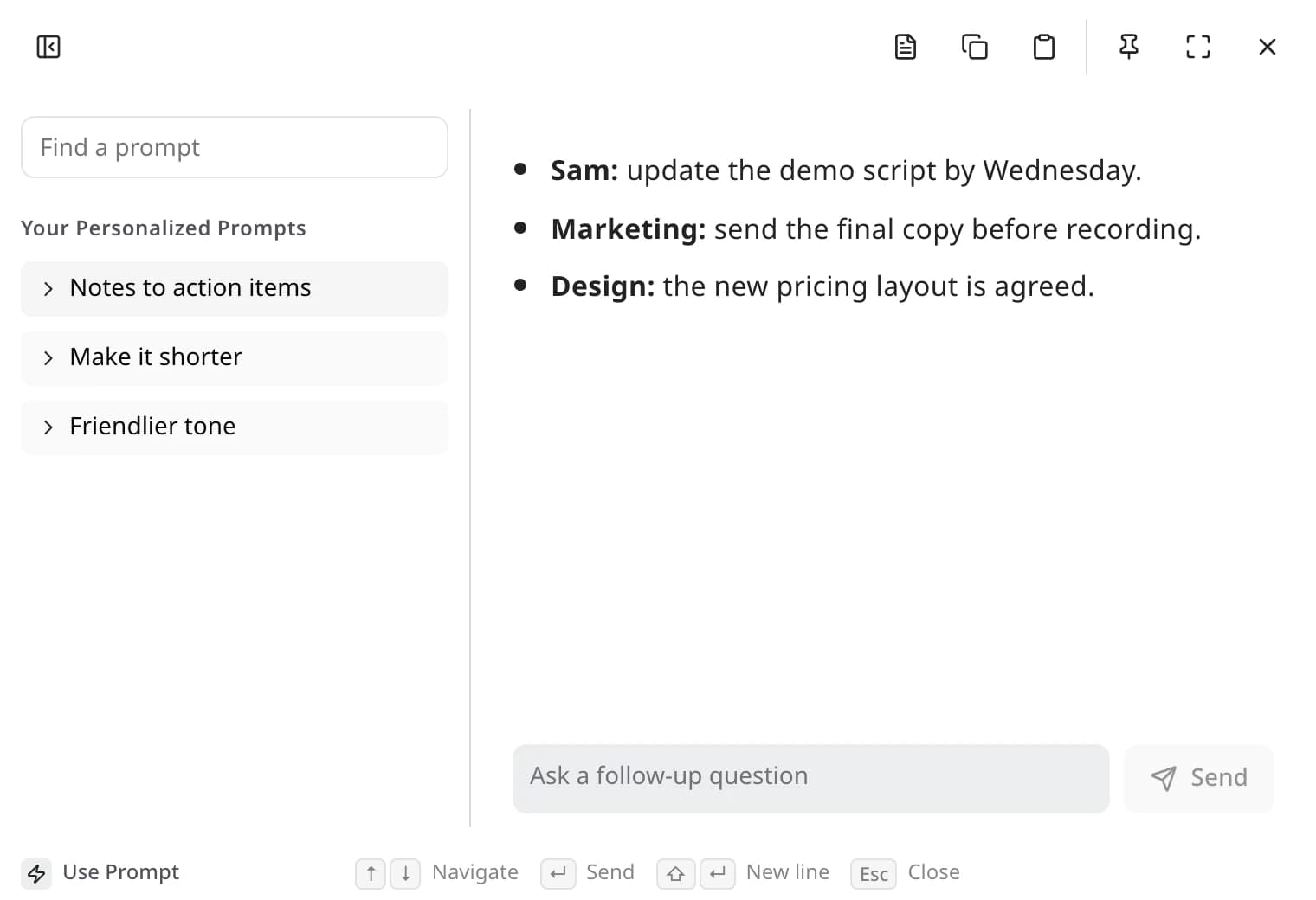 The Use Prompt panel in Edyt, with a list of prompts in the sidebar and the result next to it.