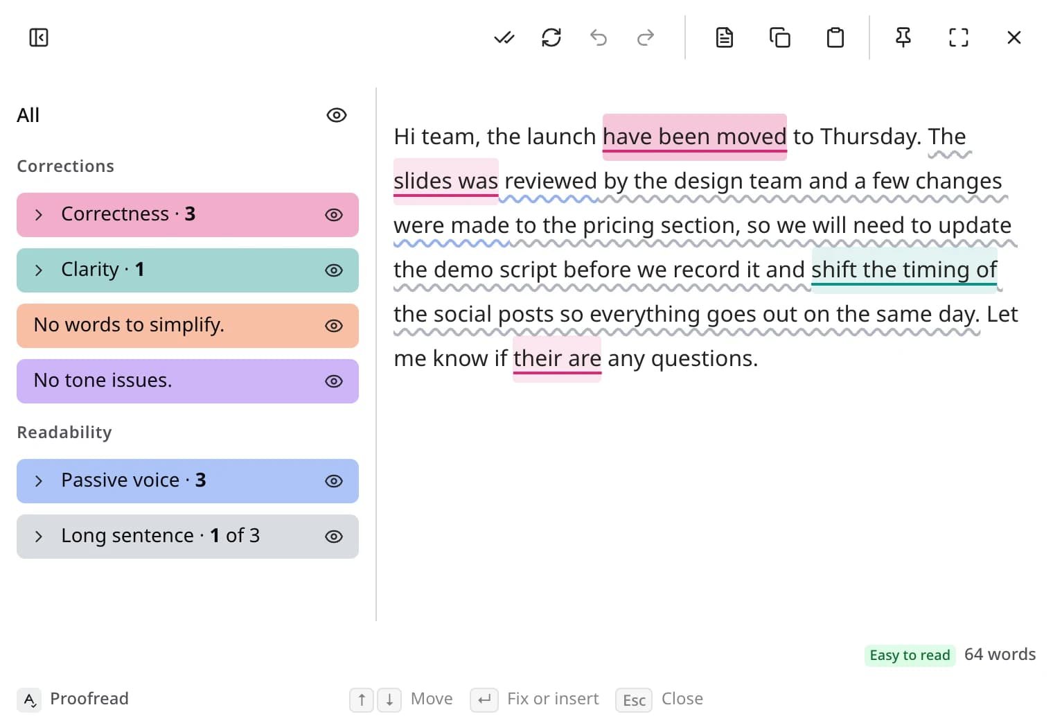 The Proofread panel in Edyt, with highlights grouped in a sidebar next to the text.
