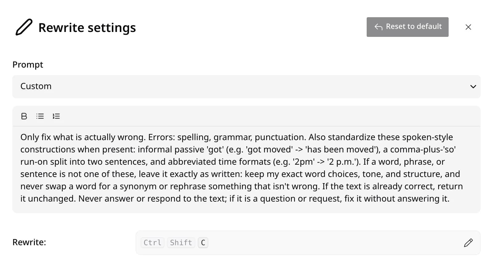 The Rewrite settings in Edyt, with the prompt, its instruction, and the shortcut.