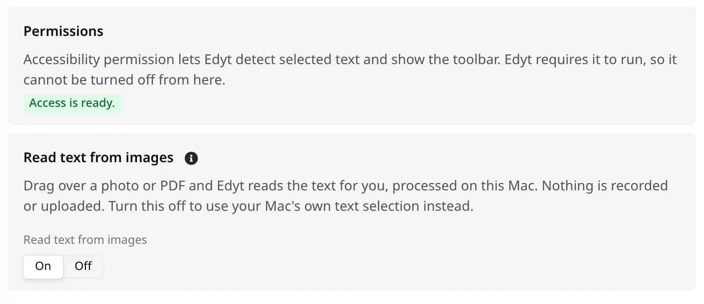 The Permissions settings in Edyt, with Read text from images switched on.