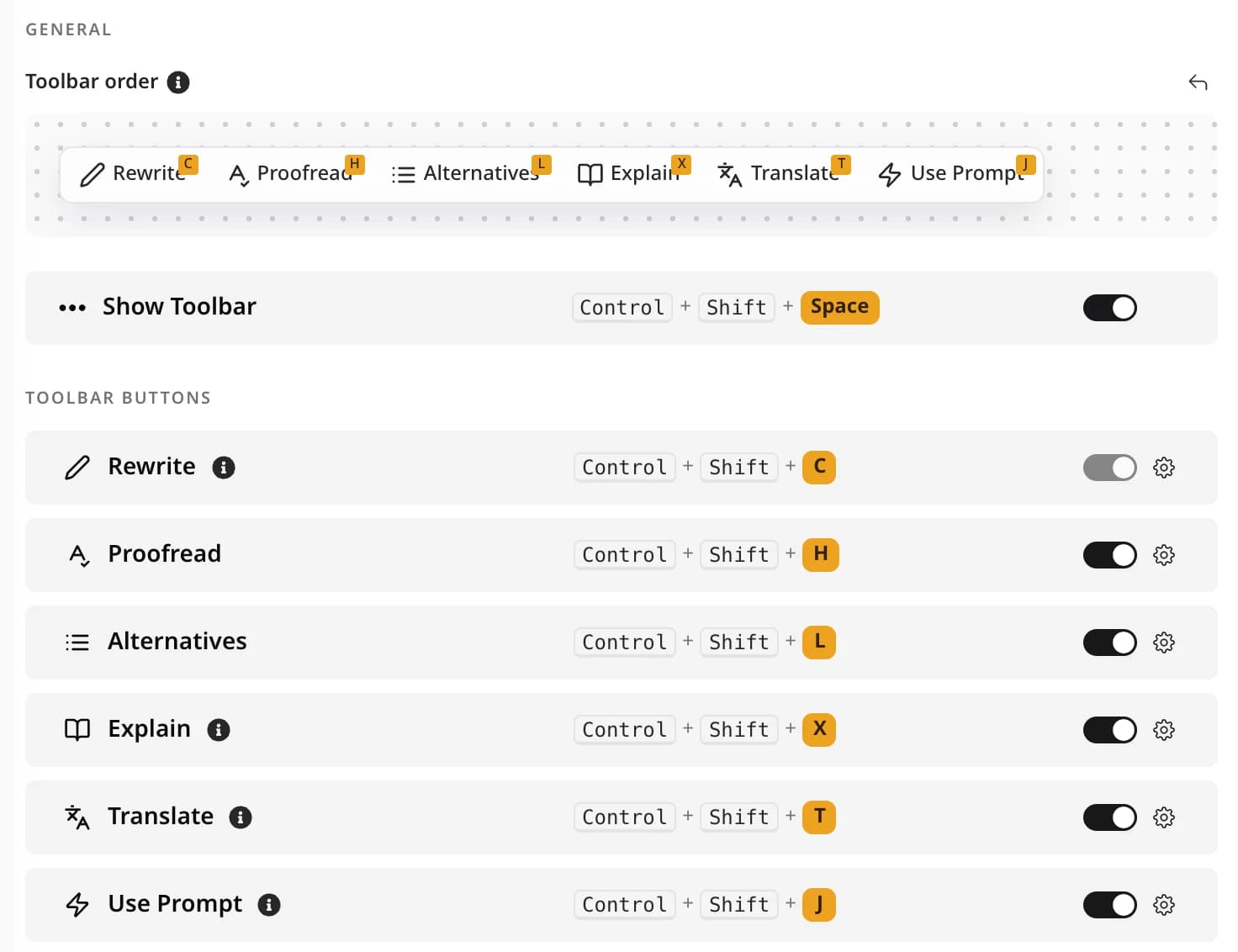 The Toolbar page in Edyt, with the toolbar order and a row for each action.