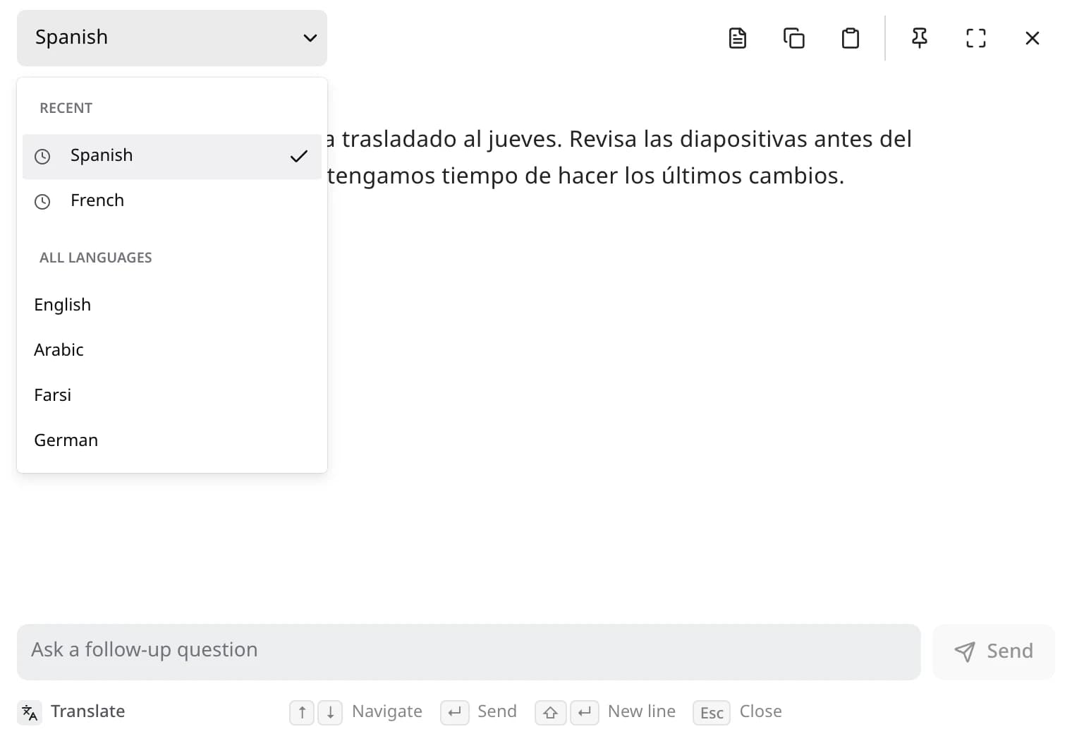 The Translate panel in Edyt, with the language menu open and recent languages at the top.