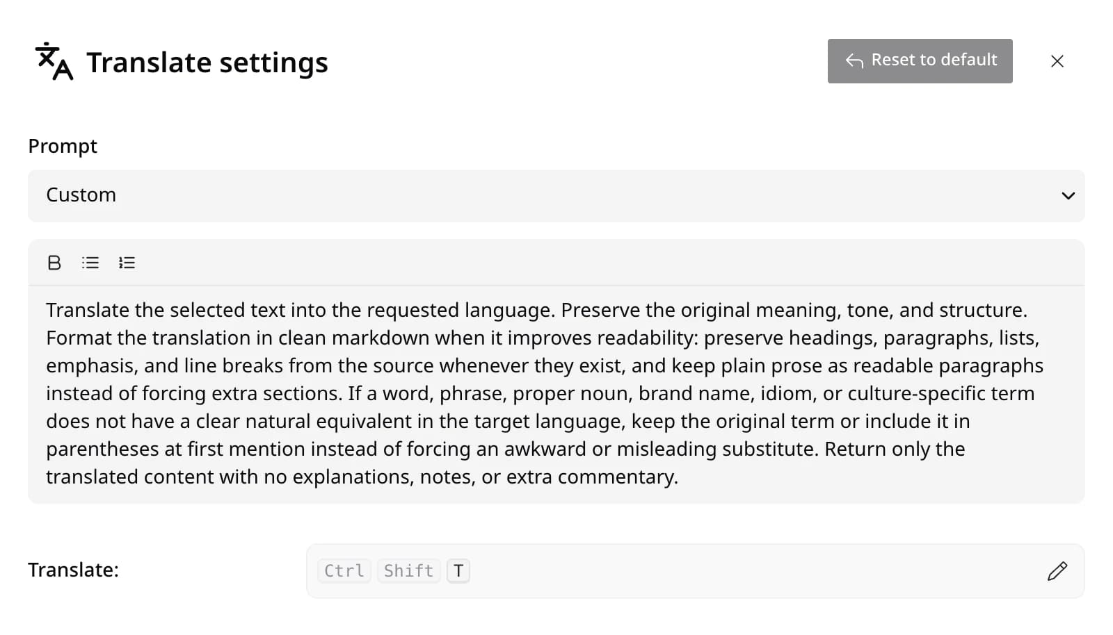 The Translate settings in Edyt, with the prompt, its instruction, and the shortcut.